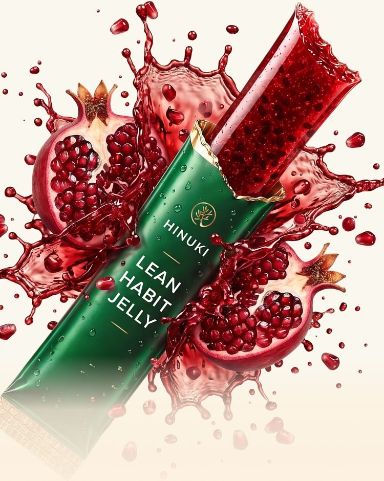 Hinuki pomegranate jelly stick held over a field with fresh pomegranate